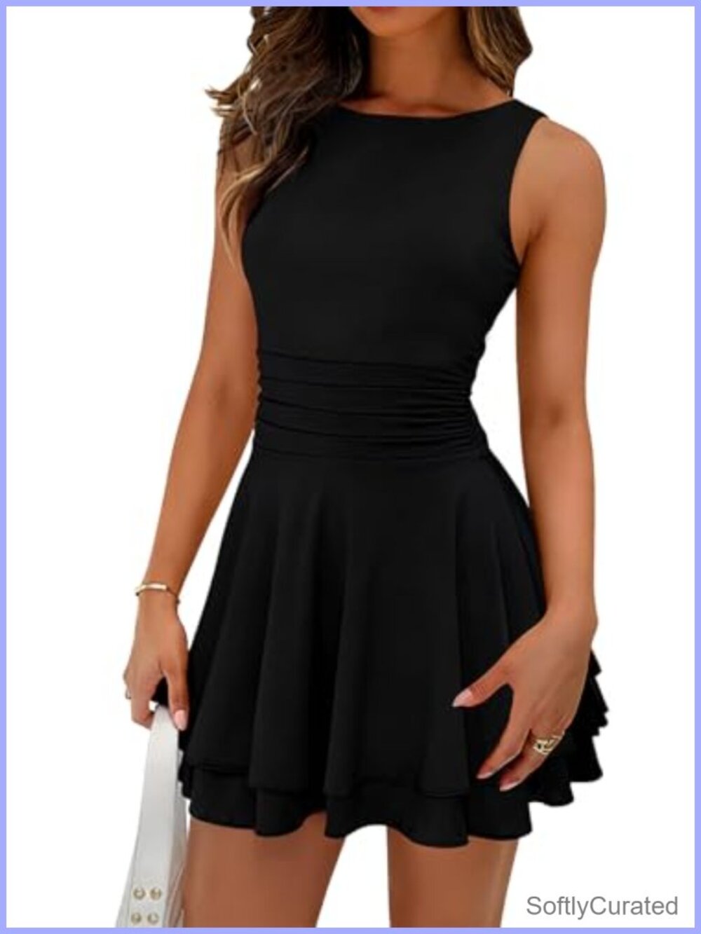 Sleeveless A-Line Mini Dress Ruffle Hem Ruched Waist Summer Sundress
